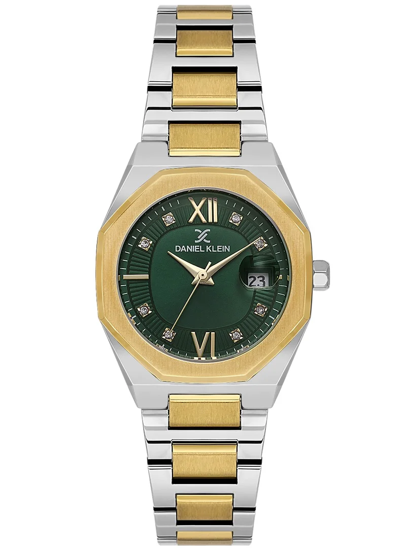 DANIEL KLEIN Women's Stainless Steel Silver and Gold Alloy Case Analog Dark Green Round Emboss Dial Japanese Quartz Premium 30 Meters Water Resistant